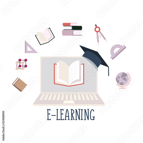 Flat illustration of a laptop and academic subjects. The concept of online education and training, online class, online learning at home. Banner design for educational programs, webinars, and courses.