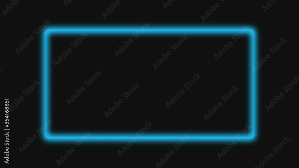 Neon frame. Promotional background. Blue flicker UV light rectangle on black empty space for logo. Neon frame. Promotional background. Blue flicker UV light rectangle on black empty space for logo.