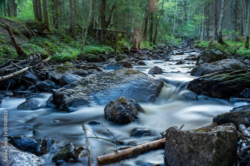 Stunning Creek in Rural wild Forest outside of Jonkoping Sweden And Nearby Taberg Stream and Hassafallen Waterfall. Sweden Rivers And Waterfalls long exosure in nature reserve. photo