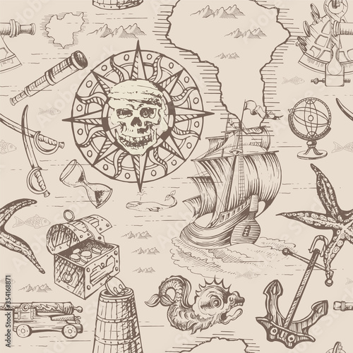 Vector abstract seamless pattern on the theme of travel, adventure and discovery. Vintage repeating background with hand-drawn sailboats, map, anchors and sea monsters.