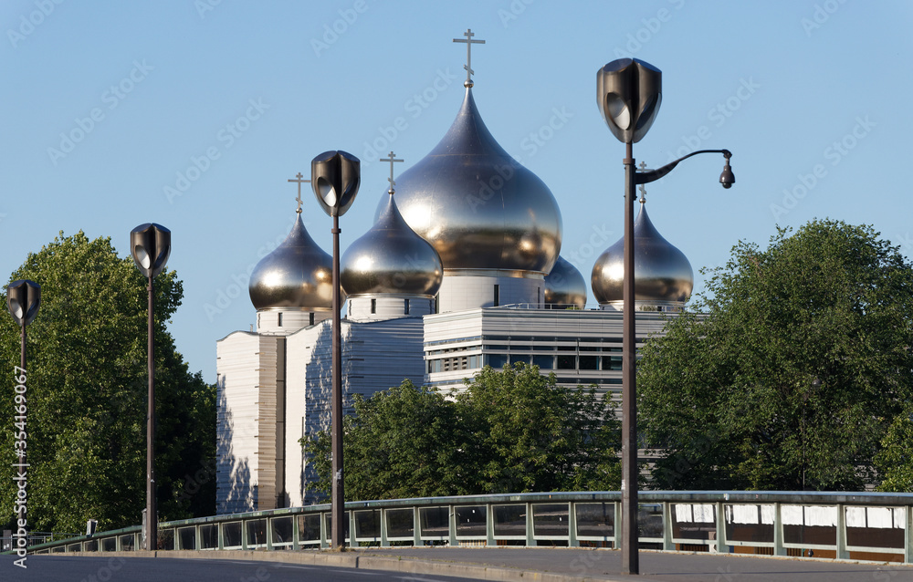 View of the Russian orthodox church Cathedrale of Saint Trinity near the Eiffel Tower in Paris, nicknamed Saint Vladimir. Paris.