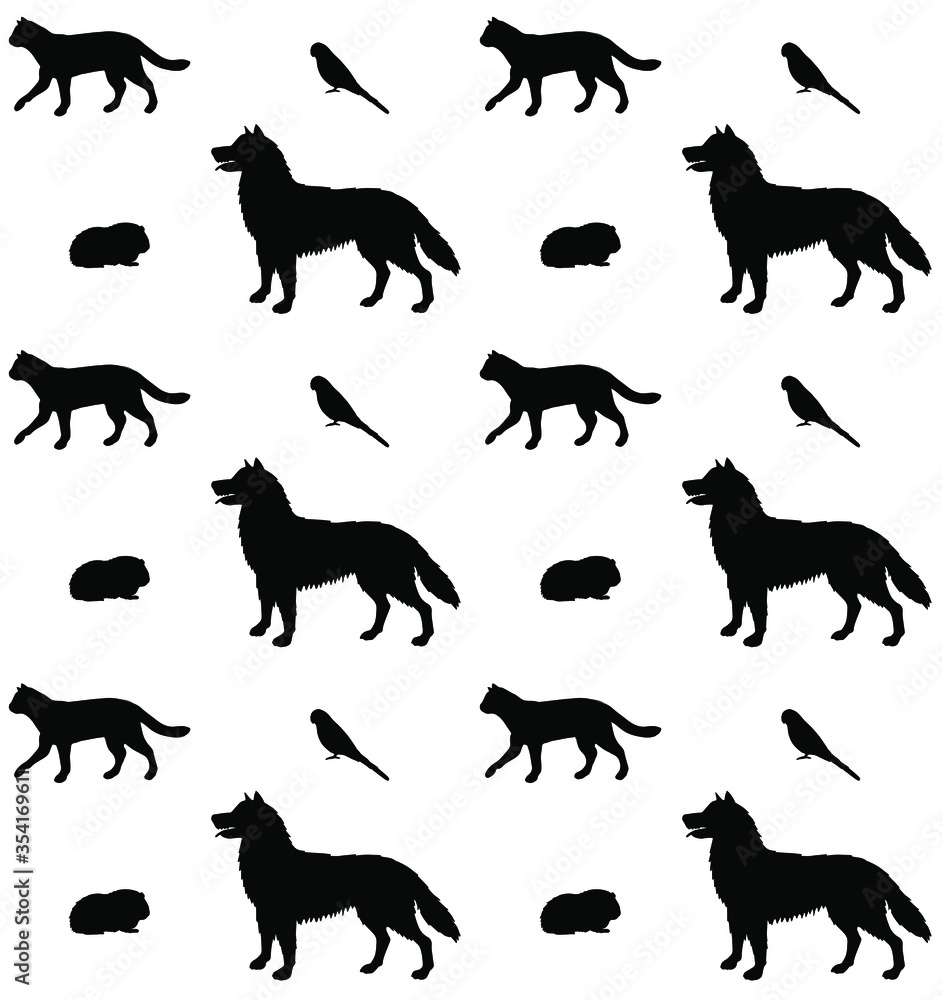 Obraz premium Vector seamless pattern of black sketch pets animals silhouette isolated on white background