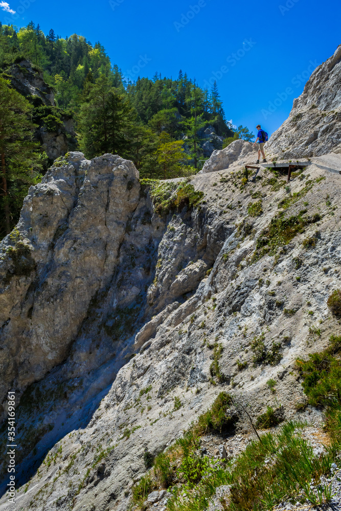 Young Man Walks On Rocky Hiking Trail In Ötschergräben In Austria Young Man Walks On Rocky Hiking Trail In Ötschergräben In Austria