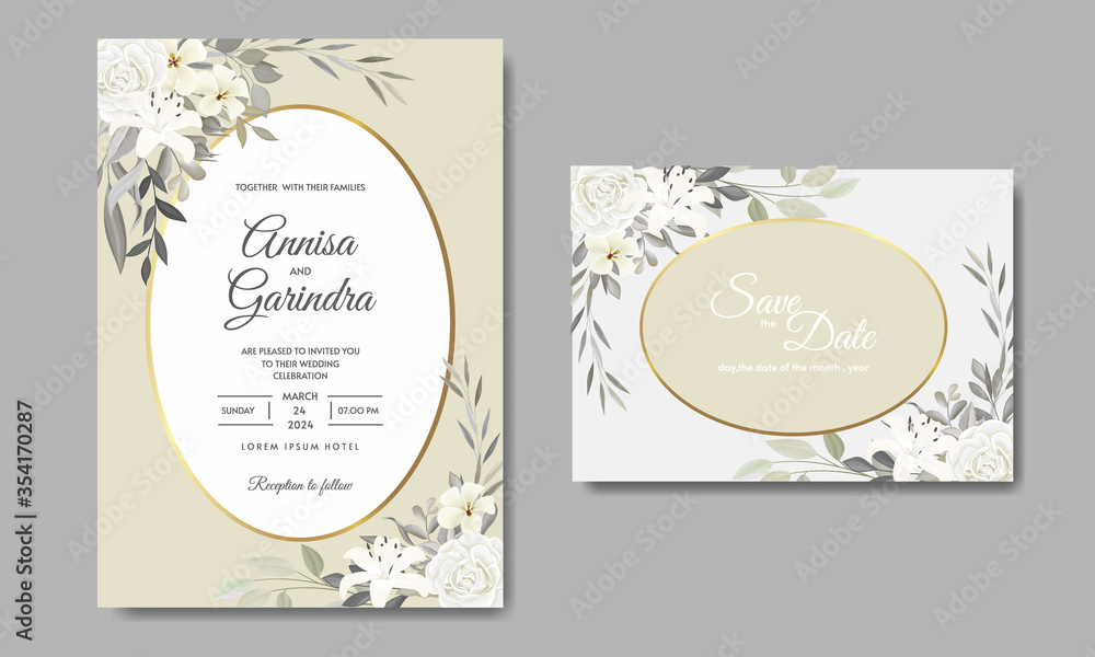  Elegant wedding invitations card template with white floral and leaves Premium Vector