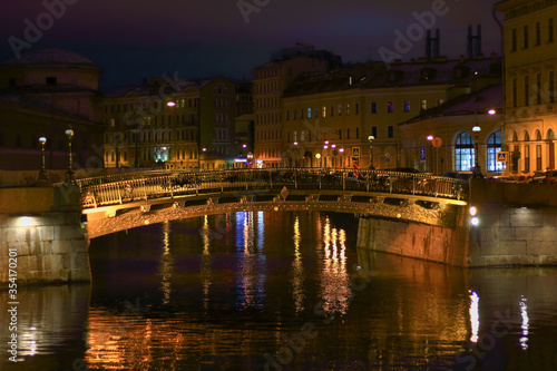 Night winter view on Moika River embankment at Saint Petersburg  Russia.