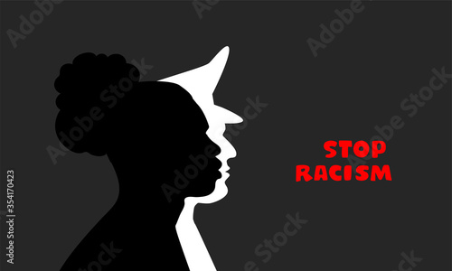 Stop racism poster. Social problem. Systemic racism in police forces. Abstract heads: black man with afro
hair and white cop wearing headgear. Contrform poster, banner, vector illustration.
