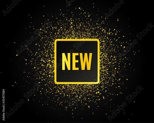 New symbol. Golden glitter pattern. Special offer sign. New arrival. Black banner with golden sparkles. Arrivals promotion text. Gold glittering effect. Vector