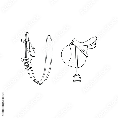 Vector hand drawn doodle sketch equestrian horse bridle and saddle isolated on white background
