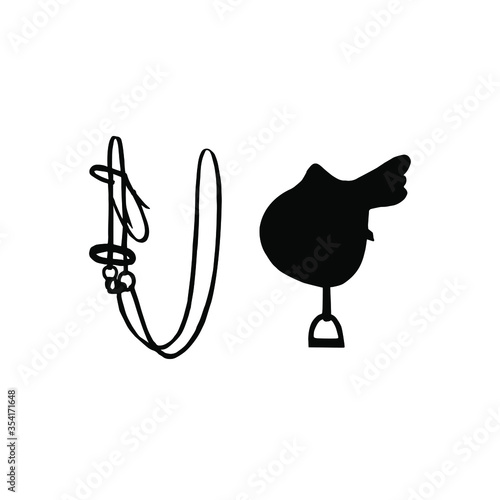 Vector black hand drawn doodle sketch equestrian horse bridle and saddle silhouette isolated on white background