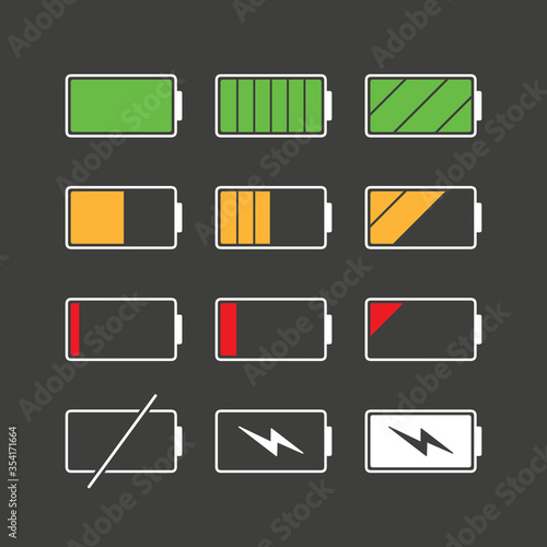 White linear battery charge indicator icons in level status, simple power source running charging flat design infographics vector, app ads web button ui interface element isolated on black background
