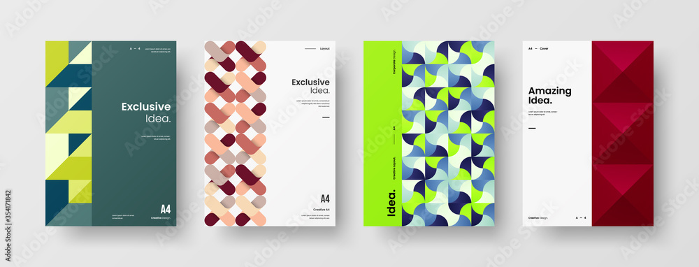 Fototapeta premium Company identity brochure template collection. Business presentation vector A4 vertical orientation front page mock up set. Corporate report cover abstract geometric illustration design layout bundle.