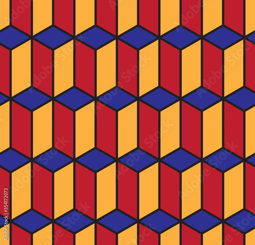 Isometric seamless vector pattern. Bright geometric ornament of cubic building blocks with orange, red and blue surfaces and black contour. Illusion of volume. Simple geometric print perfect for kids.