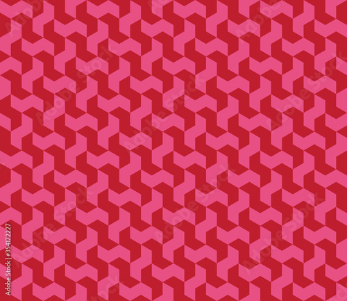 Isometric seamless vector pattern in Escher style. Monochrome geometric ornament of cubic building blocks with pink and magenta surfaces. Illusion of volume. Modern 3d print of urban labyrinth.