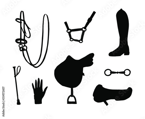 Vector set bundle of black hand drawn doodle sketch equestrian horse riding equipment silhouette isolated on white background