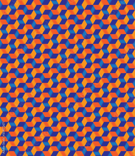 Isometric seamless vector pattern in Escher style. Bright geometric ornament of cubic building blocks with orange, yellow and blue surfaces. Illusion of volume. Modern 3d print of urban labyrinth