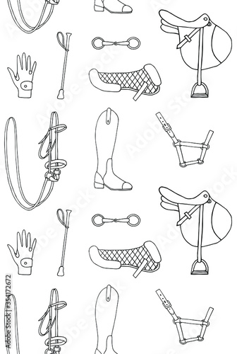 Vector seamless pattern of hand drawn doodle sketch equestrian horse riding equipment isolated on white background