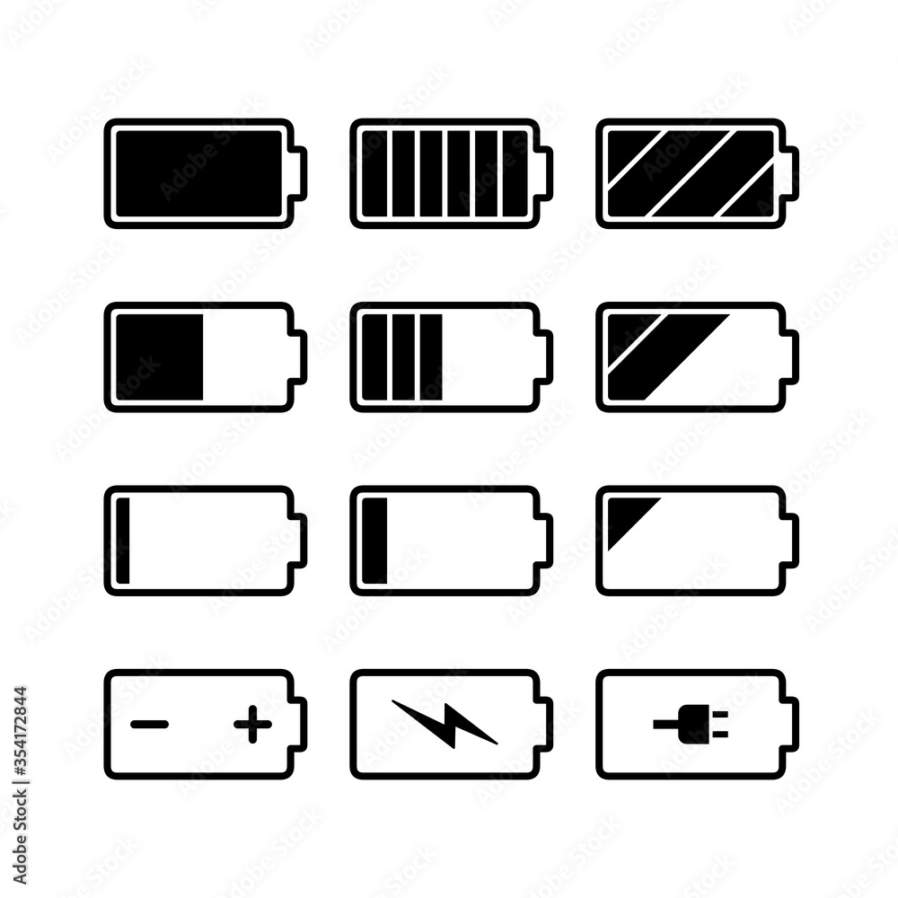 Black linear battery charge indicator icons in level, simple shape ...