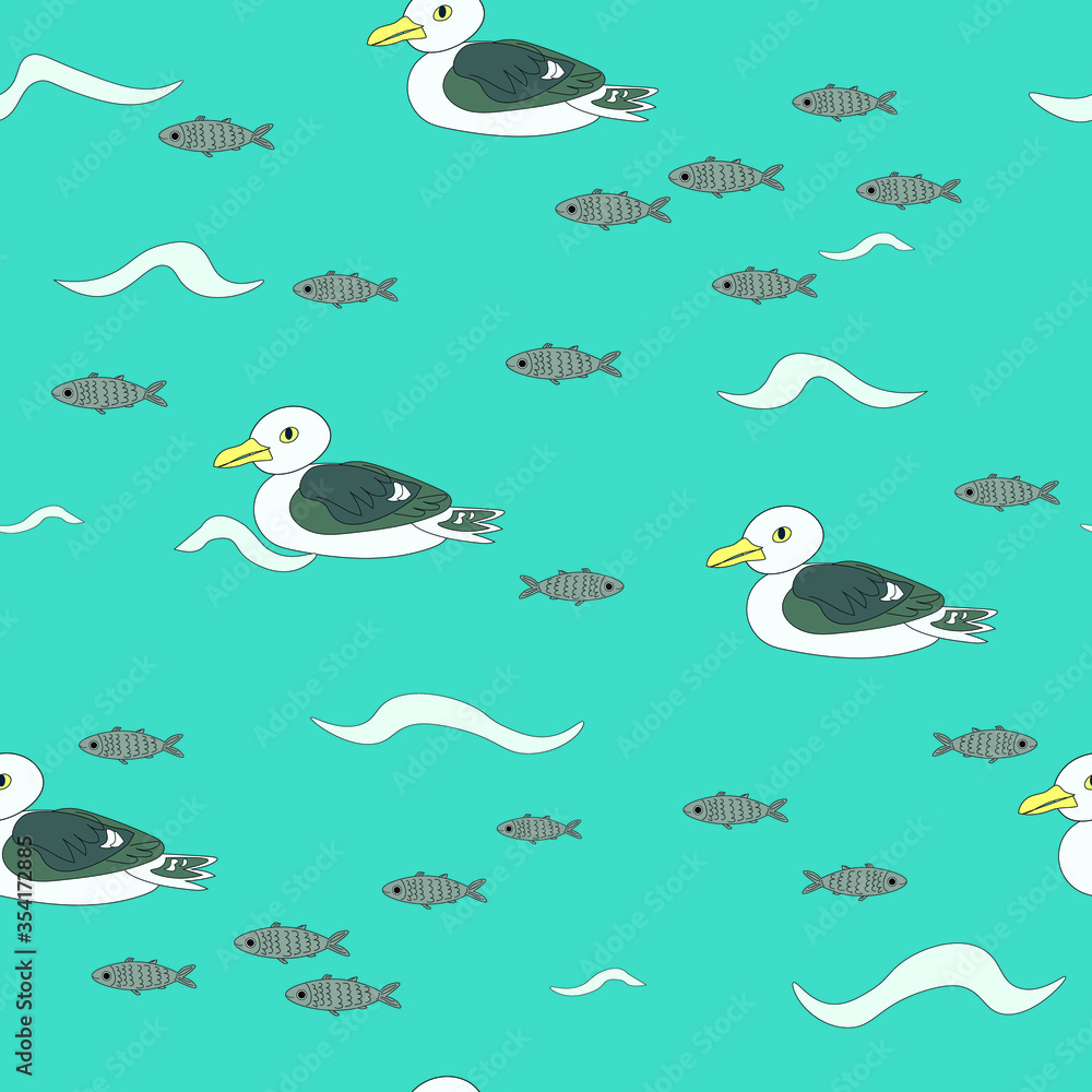 Fototapeta premium Marine seamless vector pattern whith birds.Seagulls,fishes.waves on blue background.Can be used for textile, wrapping,T-shirts ,decor, raincoat, rubber boots.