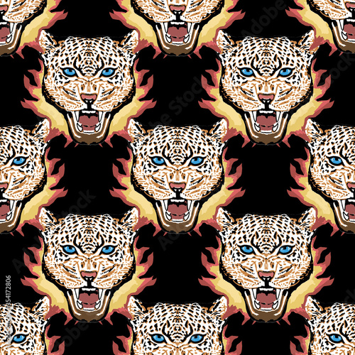 Leopards  faces with fire on black background  illustration seamless pattern.design for textile and fabric