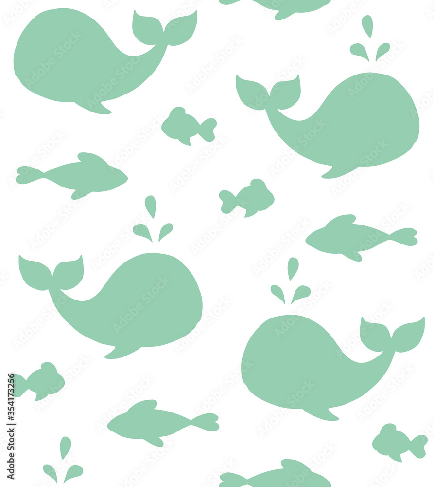Vector seamless pattern of mint green hand drawn doodle sketch fish and whale silhouette isolated on white background