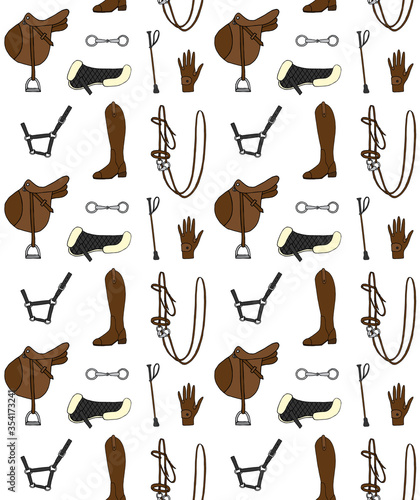 Vector seamless pattern of different colored hand drawn doodle sketch equestrian horse riding equipment isolated on white background
