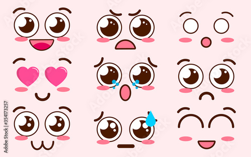 Collection of cute lovely kawaii emoticon emoji Doodle cartoon face , smile , happy , wink , excited , sleepy , chill , kiss , crazy , sweet in childlike manga cartoon style - Vector file EPS10
