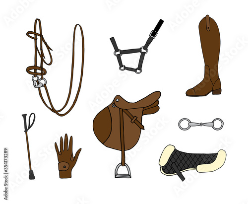 Vector set bundle of hand drawn doodle sketch colored equestrian horse riding equipment isolated on white background