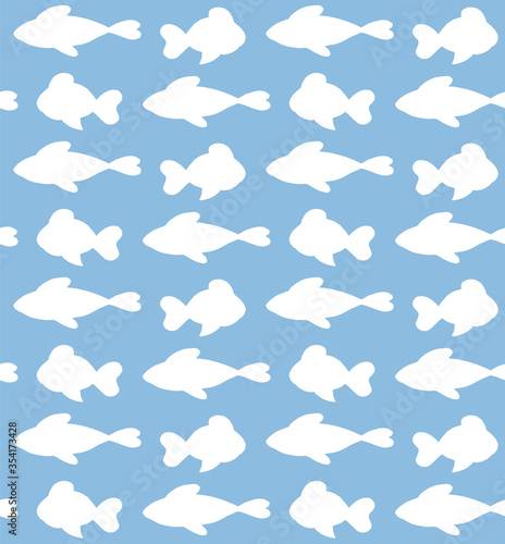 Vector seamless pattern of blue doodle sketch fish silhouette isolated on white background 