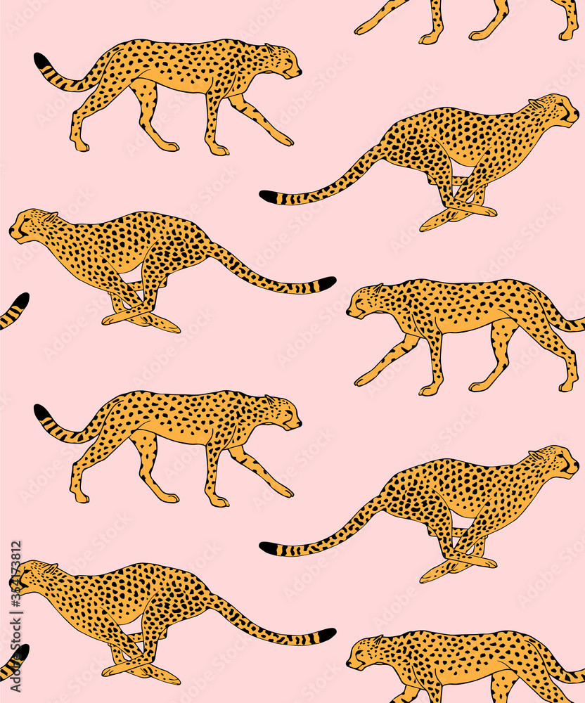 Obraz premium Vector seamless pattern of hand drawn doodle sketch leopard cheetah isolated on pink background