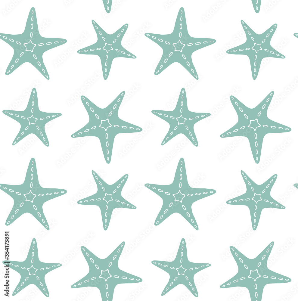 Vector seamless pattern of mint green hand drawn doodle sketch sea star starfish isolated on white background