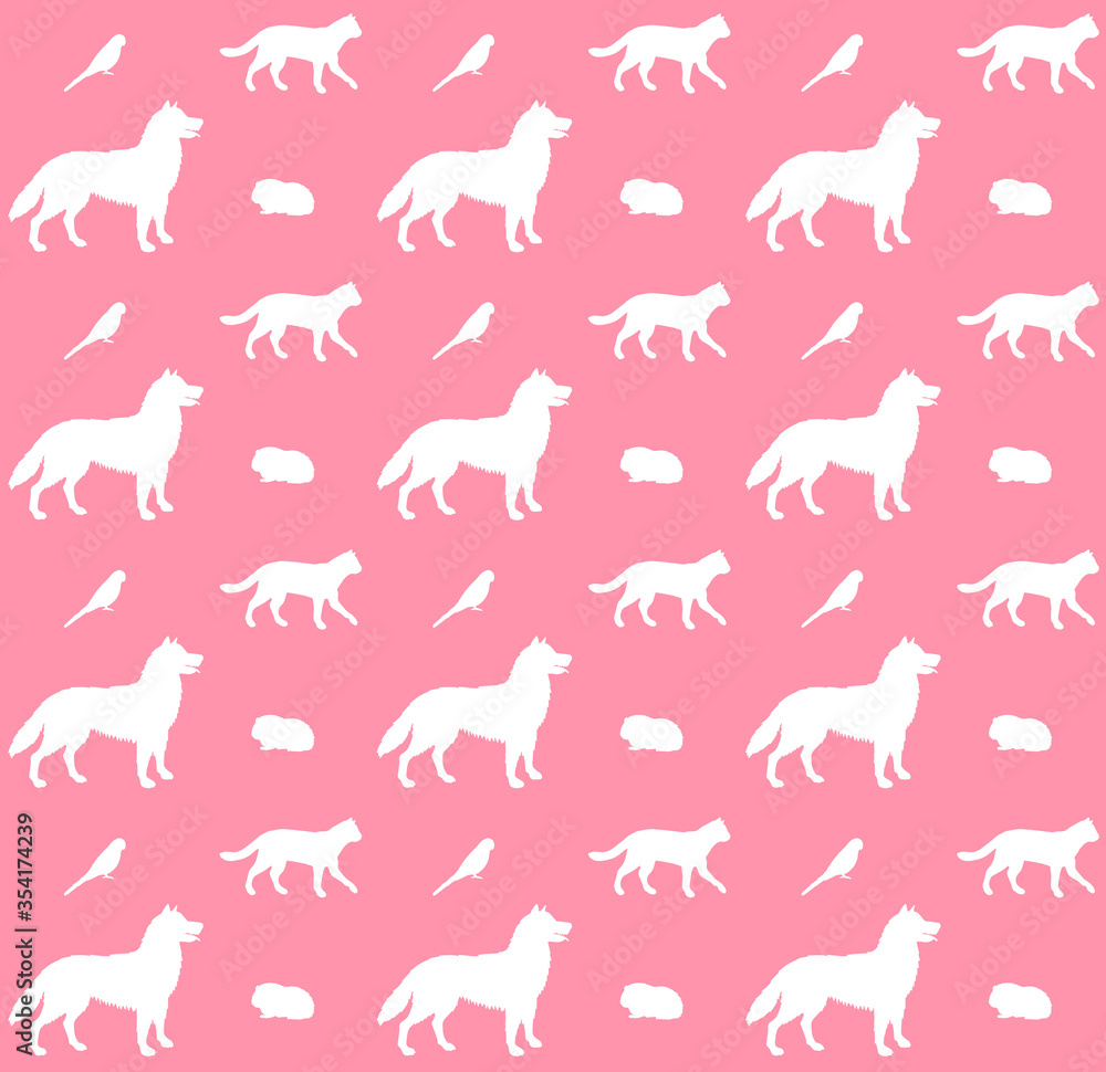 Vector seamless pattern of white sketch pets animals silhouette isolated on pink background