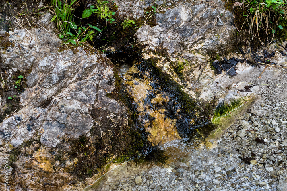 Clear And Fresh Water Flows From Mountain Spring Into River Clear And Fresh Water Flows From Mountain Spring Into River
