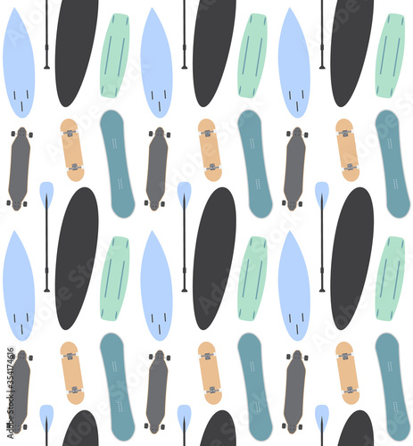 Vector seamless pattern of different flat cartoon colored skateboard snowboard longboard surf boards isolated on white background
