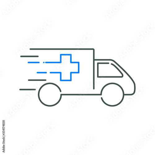 Icono plano lineal ambulancia con cruz y líneas de velocidad en azul y gris