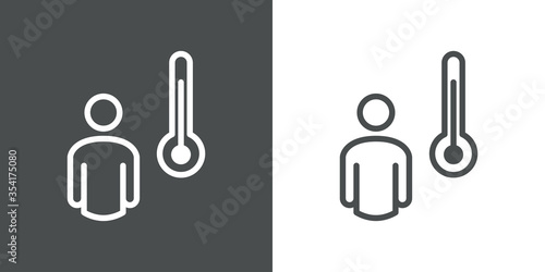 Icono plano lineal hombre con termómetro en fondo gris y fondo blanco