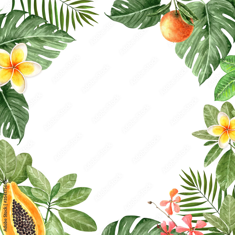 Naklejka premium frame with green exotic palm leaves and fruits, flowers, watercolor illustration on white background