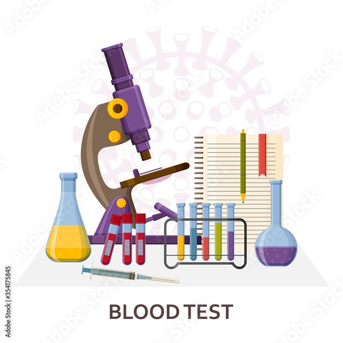 Blood test Covid-19. PCR testing. Virology research concept. Laboratory equipment such as microscope and flasks. Vector illustration