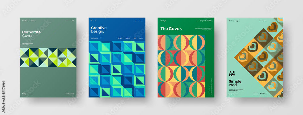 Fototapeta premium Company identity brochure template collection. Business presentation vector A4 vertical orientation front page mock up set. Corporate report cover abstract geometric illustration design layout bundle.