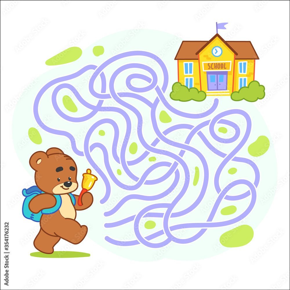 Help cute bear find the right path to school. Schoolboy with backpack walking to school through labyrinth. Maze game for kids. Day of knowledge illustration.
Help cute bear find the right path to school. Schoolboy with backpack walking to school through labyrinth. Maze game for kids. Day of knowledge illustration.