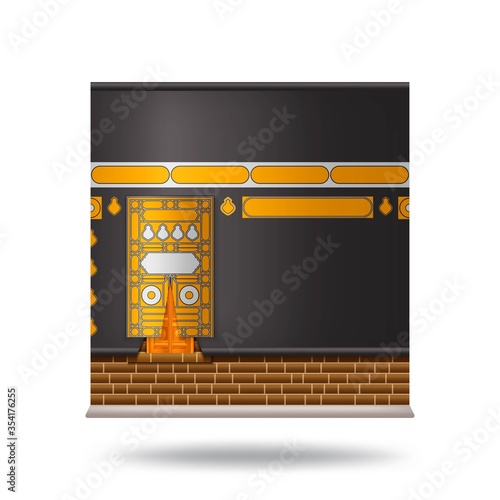 Kaaba in Mecca icon design with beautiful black silk kiswa. Wall with door. Vector illustration