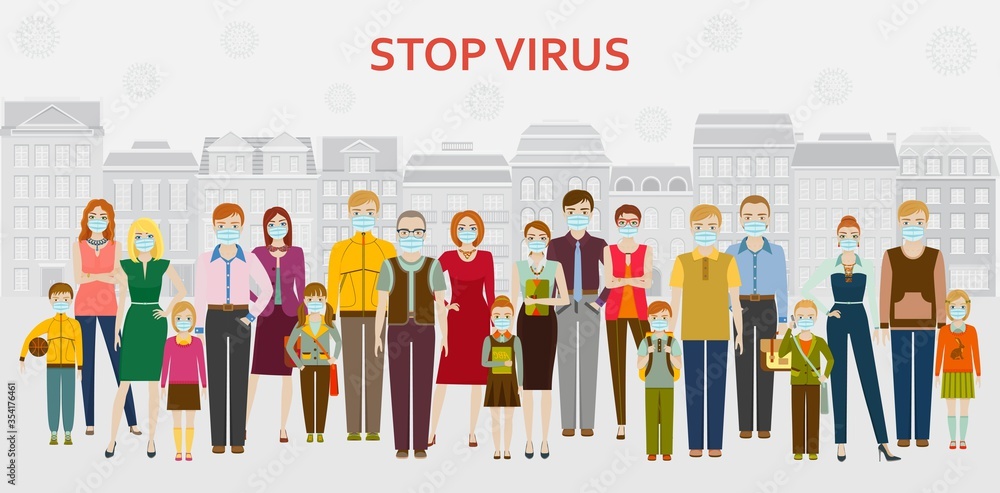 Obraz premium Group of people in medical protective masks. Men, women and kids in face protection wear which helps them protect themselves from the virus and other air pollution. Vector illustration.