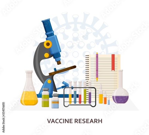 Vaccine research concept. Clinical trials background. Laboratory equipment such as microscope and flasks. Bottles with test vaccines. Vector illustration.