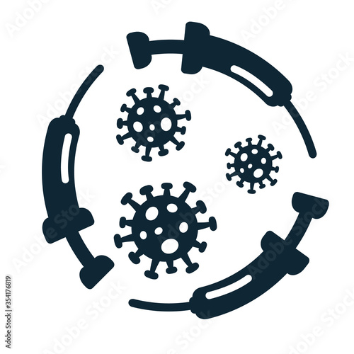 Coronavirus 2019-nCoV vaccine or cure concept with syringes about the time when Covid-19 disease is defeated, medical victory over the corona virus and quarantine end. Black monochrome silhouette.