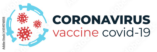 Coronavirus 2019-nCoV vaccine or cure logo concept about the time when Covid-19 disease is defeated, medical victory over the corona virus and quarantine end. Flat vector illustration for header.