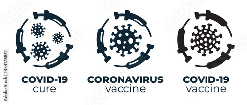 Coronavirus 2019-nCoV vaccine or cure logos about the time when Covid-19 disease is defeated, medical victory over the corona virus and quarantine end. Black monochrome silhouettes.