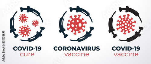 Coronavirus 2019-nCoV vaccine or cure logos with syringes about the time when Covid-19 disease is defeated, medical victory over the corona virus and quarantine end. Flat black and red silhouettes.