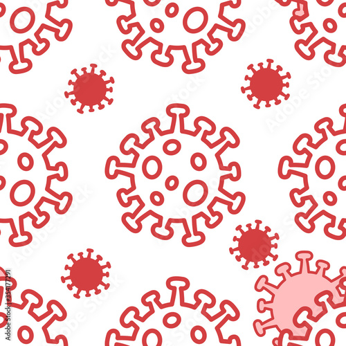 Coronavirus 2019-nCoV microorganism illustration - seamless vector pattern of Covid-19 pandemic for concepts of corona virus news about lockdown or outbreak from Wuhan - China and flu global spread.