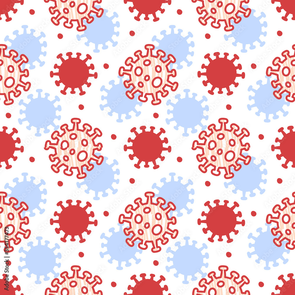 Coronavirus 2019-nCoV microorganism illustration - seamless vector pattern of Covid-19 pandemic for concepts of news about lockdown or outbreak from Wuhan - China and flu global spread. Coronavirus 2019-nCoV microorganism illustration - seamless vector pattern of Covid-19 pandemic for concepts of news about lockdown or outbreak from Wuhan - China and flu global spread.