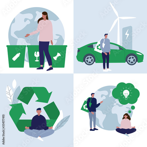 Simple Flat Concept illustrations set Related to Ecology.
Man and woman character people showing recycling, green thinking and using modern green technologies to save the planet. 