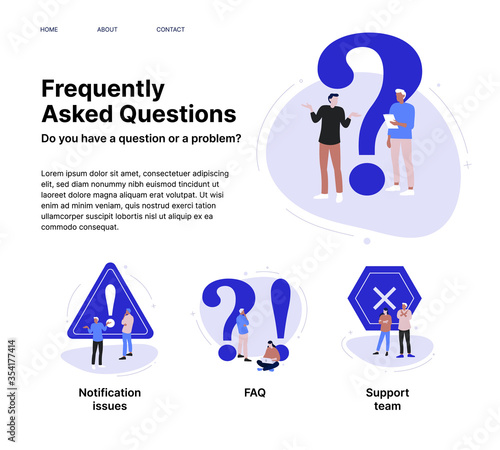 FAQ website page with warning and notification signs. Confusion people ask frequent 
question, Questioning persons stands near exclamation sign. Concept cartoon illustration. 
